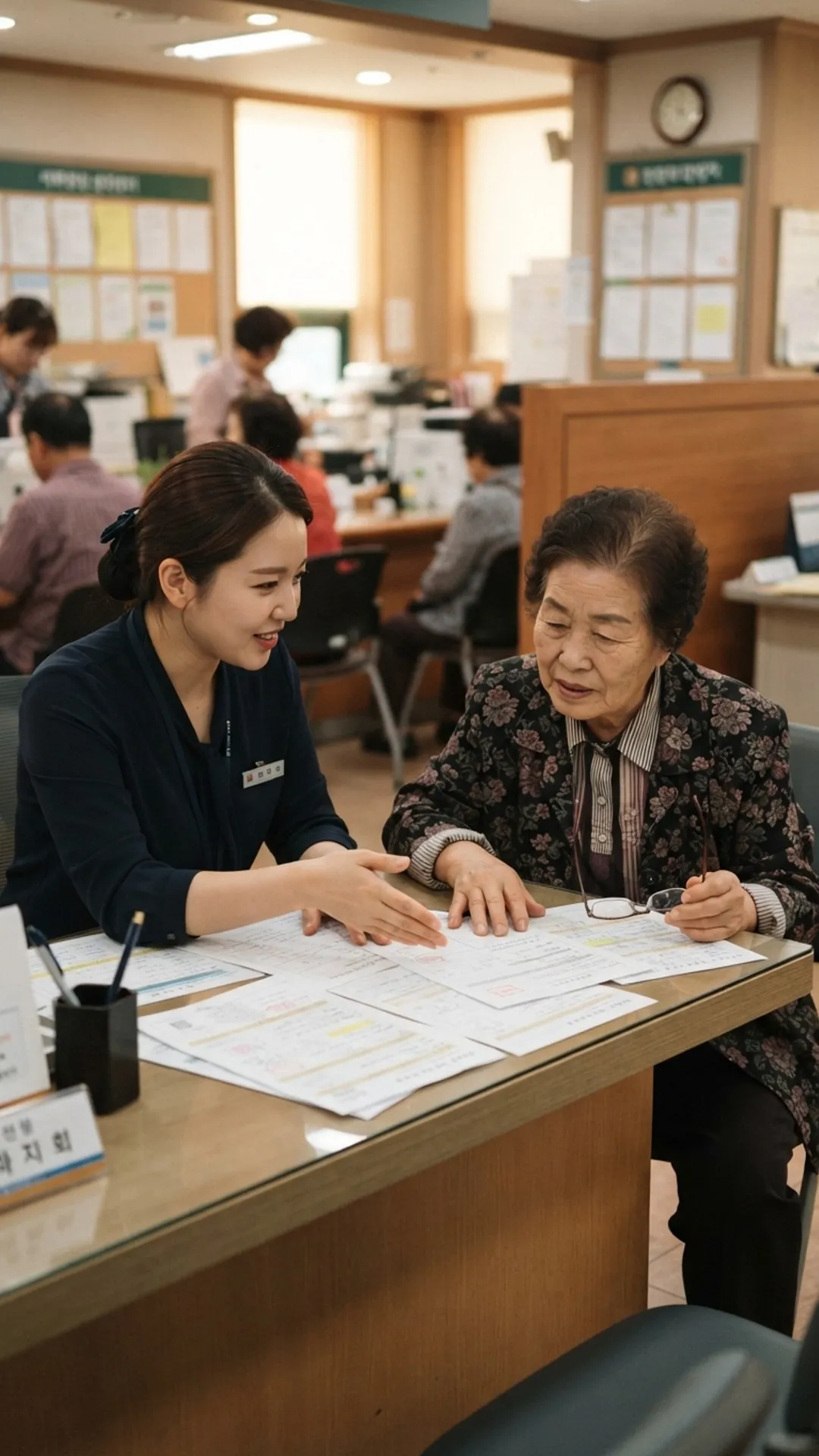 주민센터에서 서류 작성을 도와주는 모습
