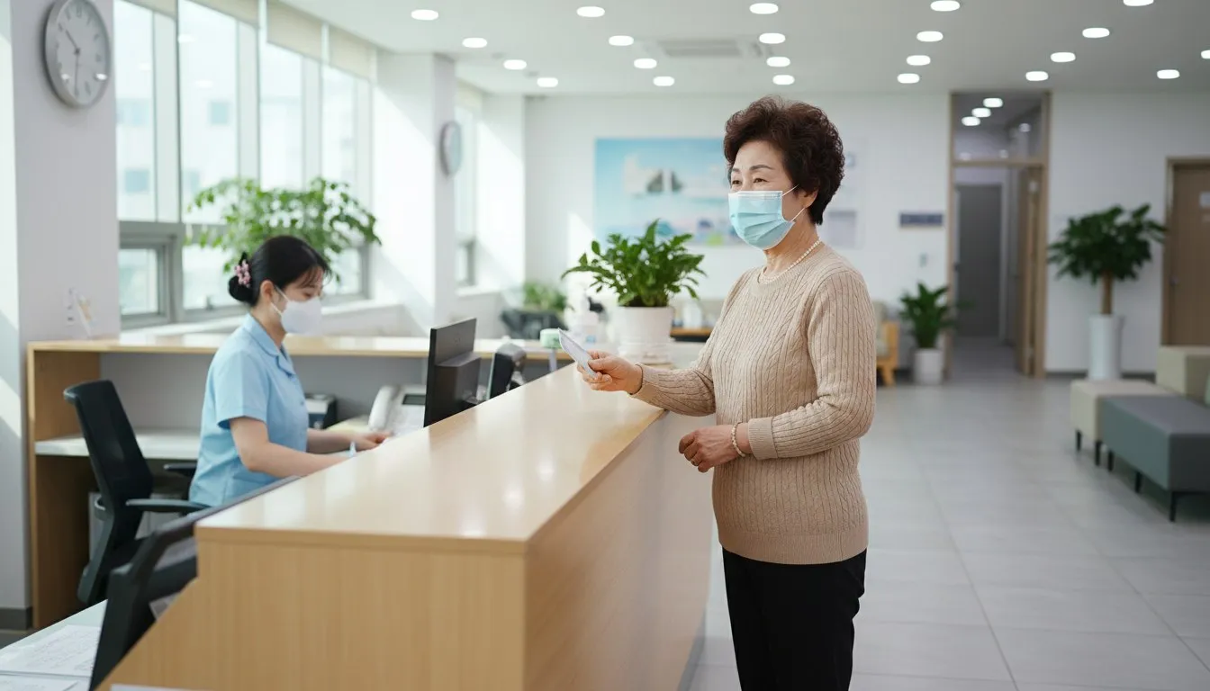 보건소 접수 창구에서 신분증을 확인하는 어르신