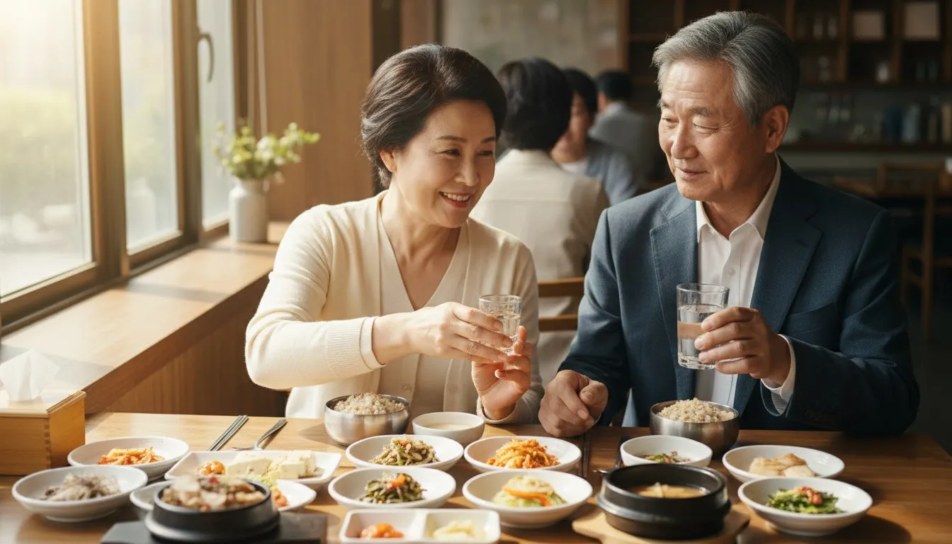 식사와 함께 물을 마시는 어르신